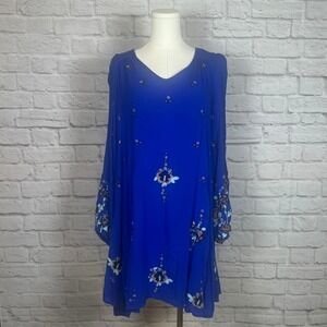 Free People Women's XS Blue Embroidered Tunic Dress Viscose | Boho Peasant
